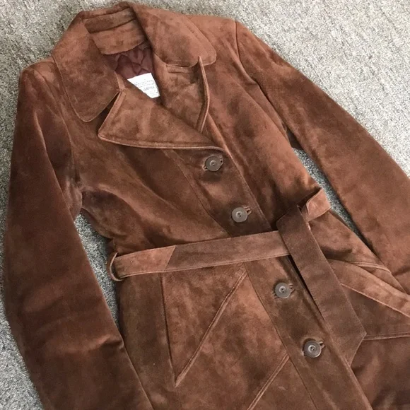 Vintage suede full length button up trench with belt - fully lined - Picture 2 of 7